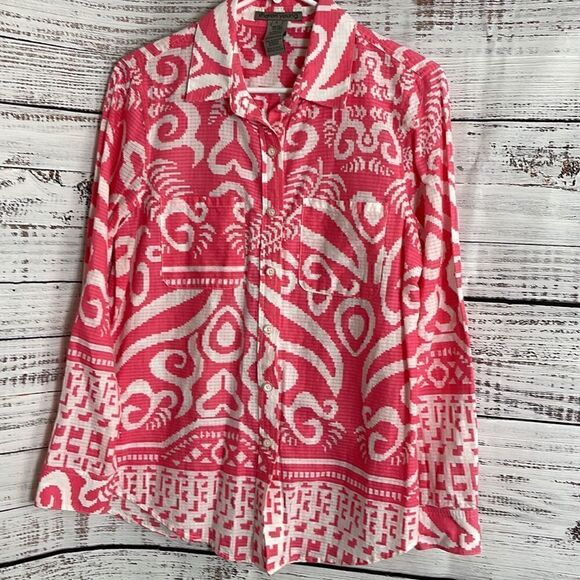 Sharon Young Top womens size small Botton Up Geo Print cotton shirt Boho Blouse - Picture 3 of 10